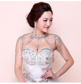 Silver white diamond alloy women's ladies female wedding evening party fashion jewelry bridal shoulder cape necklace